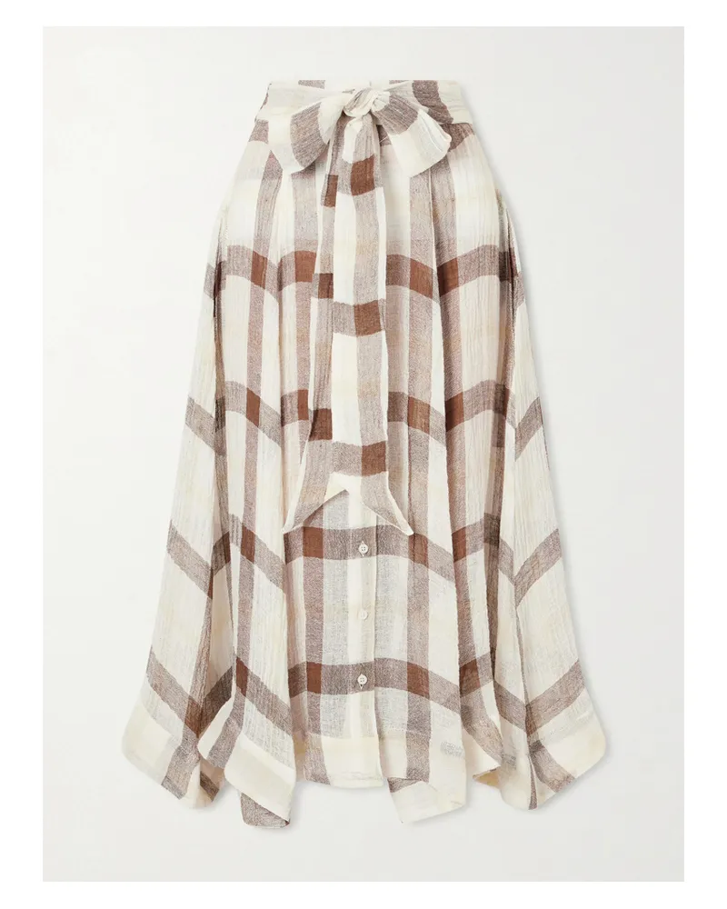 Lisa Marie Fernandez Tie-detailed Checked Linen-blend Gauze Midi Skirt - Neutrals Neutrals