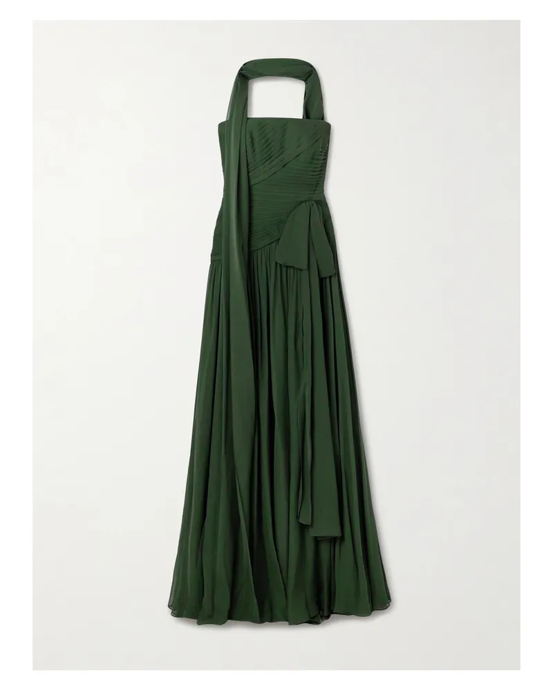 Elie Saab Scarf-detailed Pintucked Silk Crepe De Chine Gown - Green Green