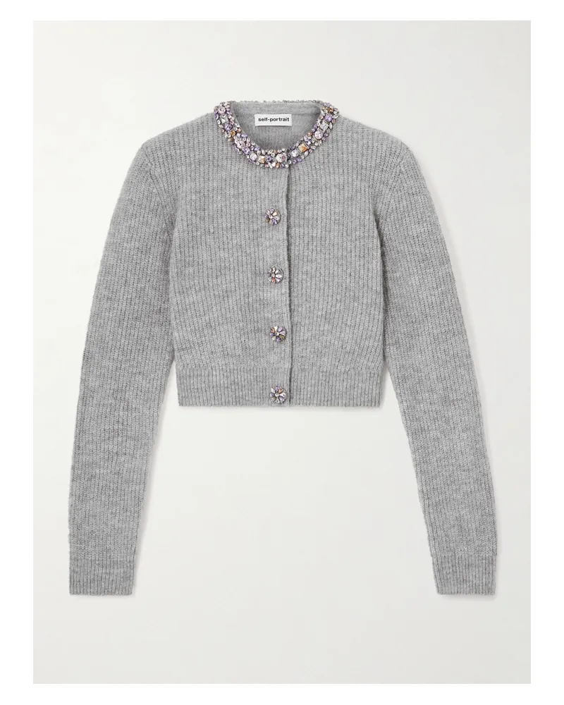 Self-Portrait Cardigan Aus Rippstrick Mit Kristallen - Grau Grau
