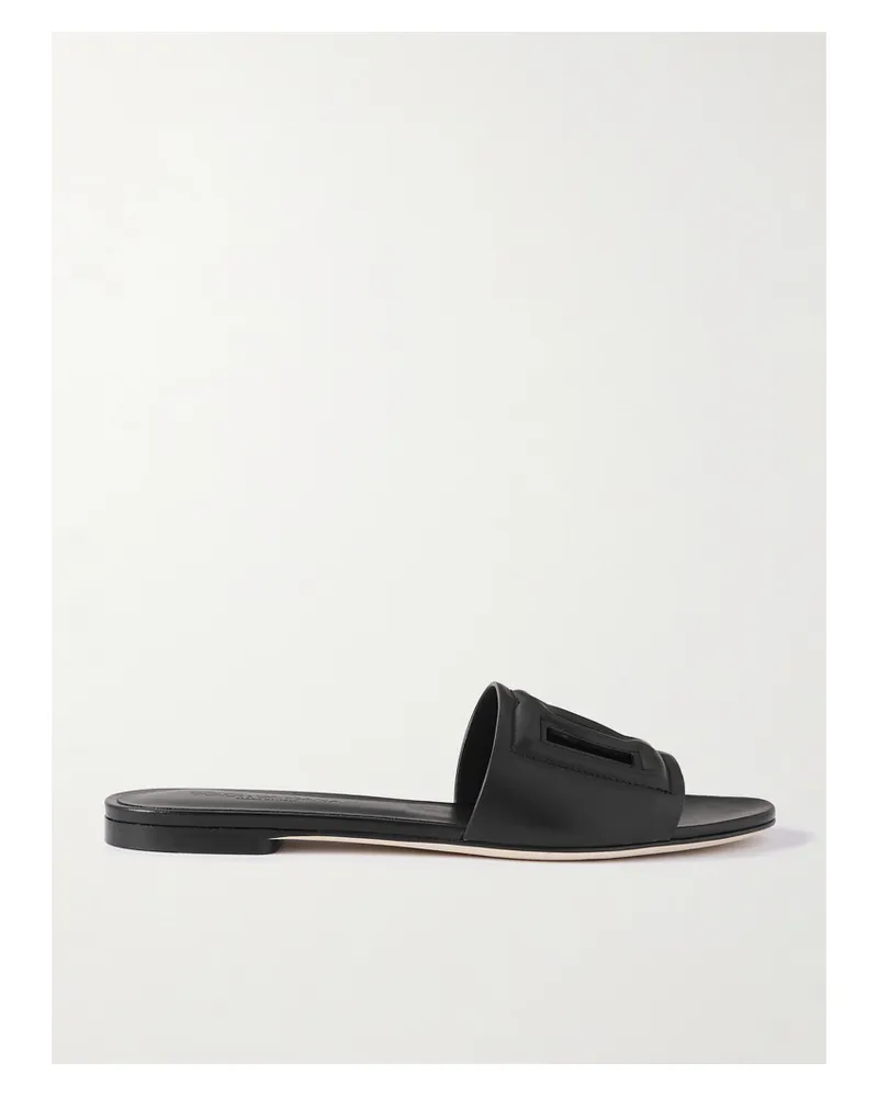Dolce & Gabbana Bianca Logo-embossed Cutout Leather Slides - Black Black