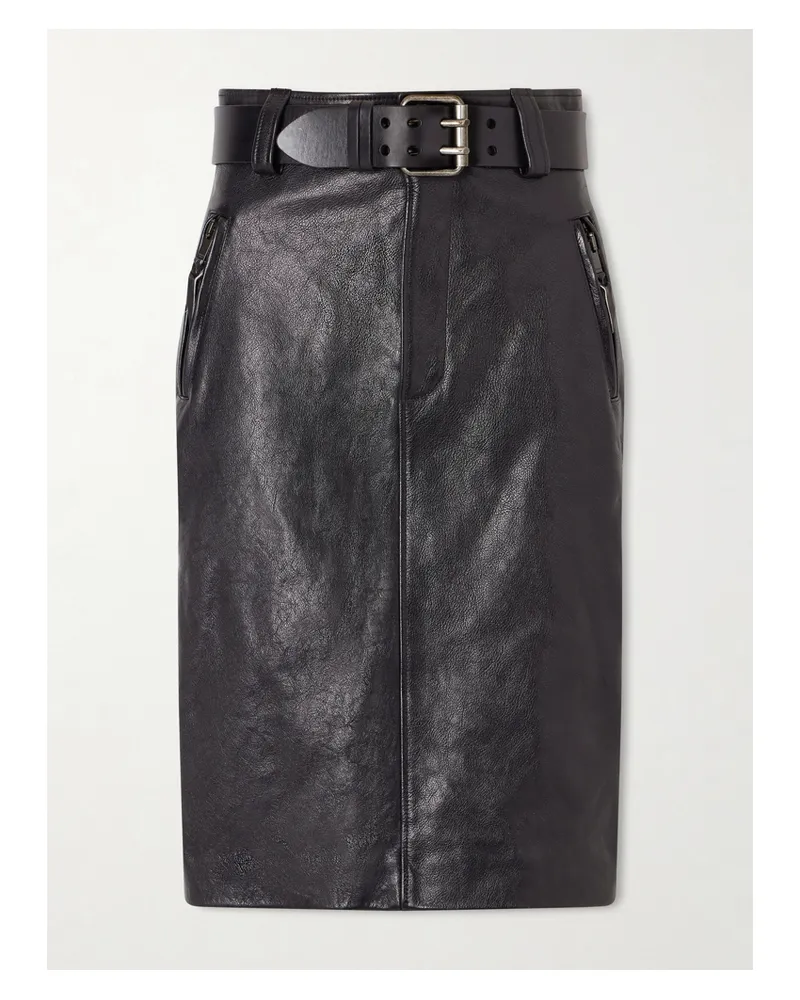 Saint Laurent Belted Textured-leather Skirt - Black Black