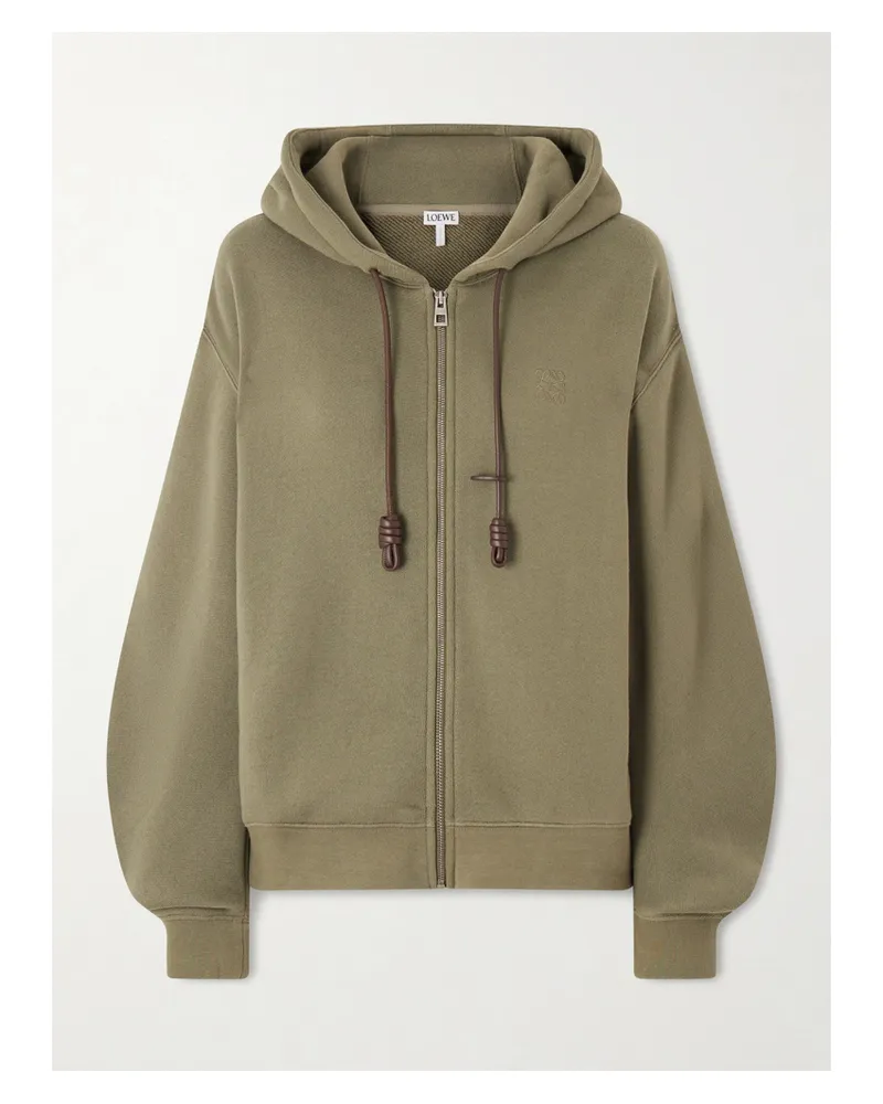 Loewe Flamenco Leather-trimmed Cotton-blend Jersey Hoodie - Green Green