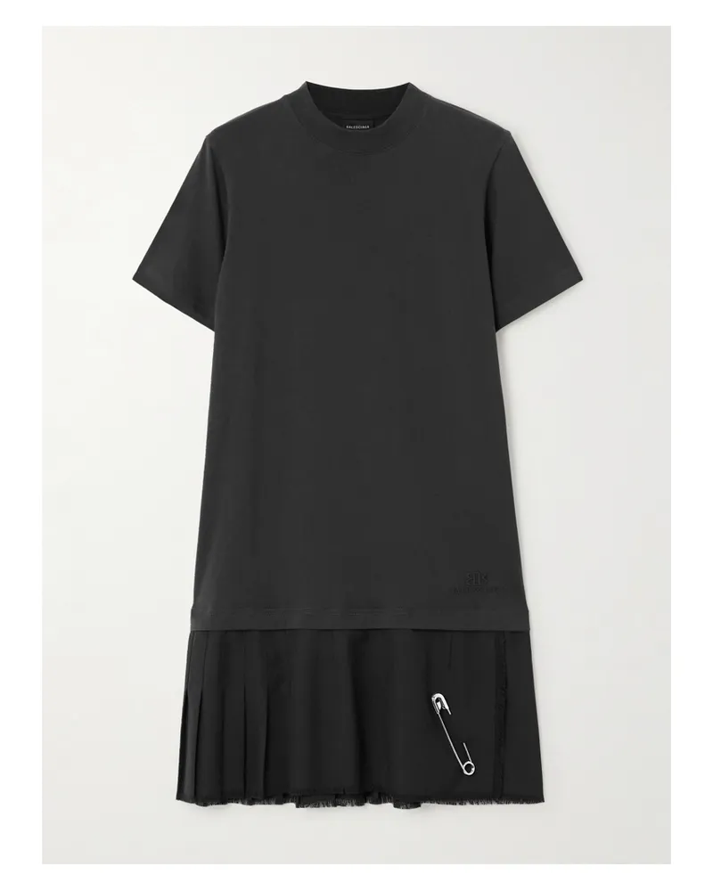 Balenciaga Layered Frayed Embellished Cotton-jersey And Wool-blend Twill Mini Dress - Gray Gray