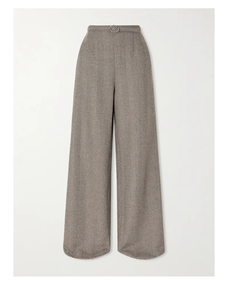 Oscar de la Renta Belted Herringbone Wool And Cashmere-blend Wide-leg Pants - Brown Brown