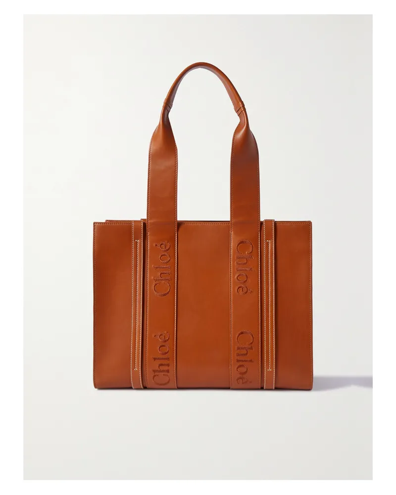 Chloé Woody Medium Embroidered Leather Tote - Brown Brown