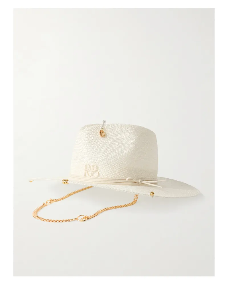 RUSLAN BAGINSKIY Embroidered Embellished Cotton-trimmed Straw Fedora - Neutrals Neutrals