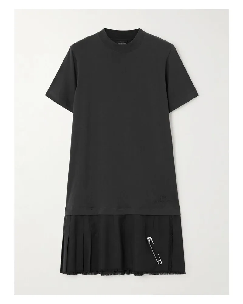 Balenciaga Mehrlagiges Minikleid Aus Baumwoll-jersey Und Twill Aus Einer Wollmischung Mit Fransen Und Verzierung - Grau Grau