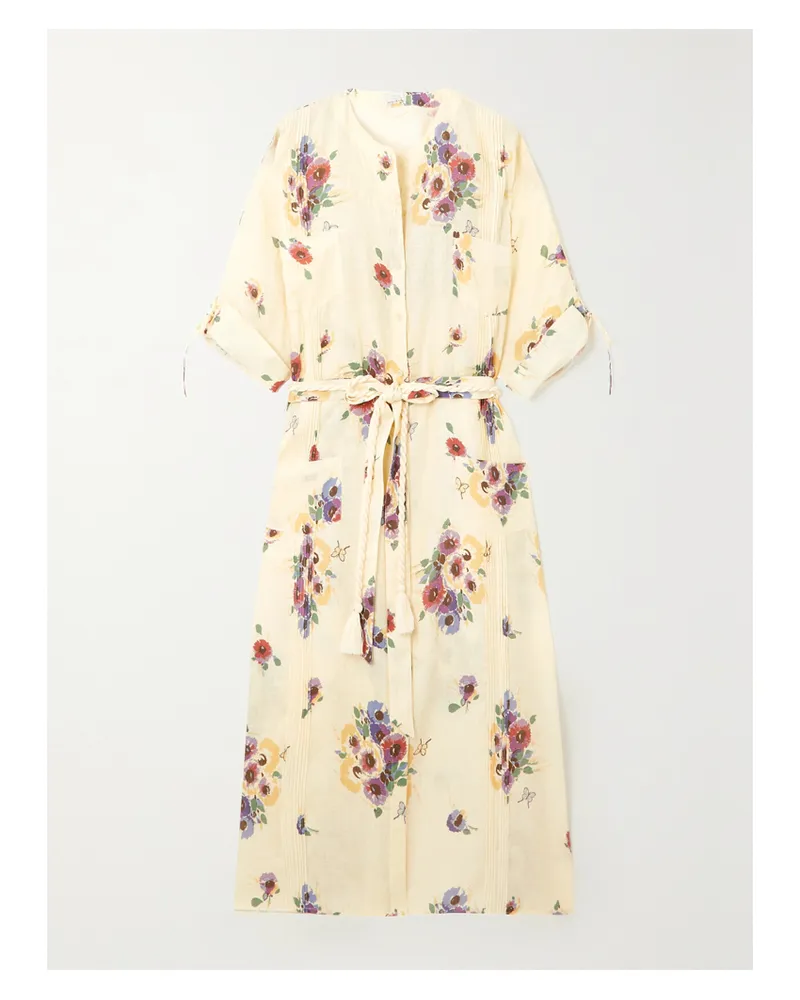 Miguelina Guayabera Strandkleid Aus Bedrucktem Leinen Mit Bindegürtel - Gelb Gelb