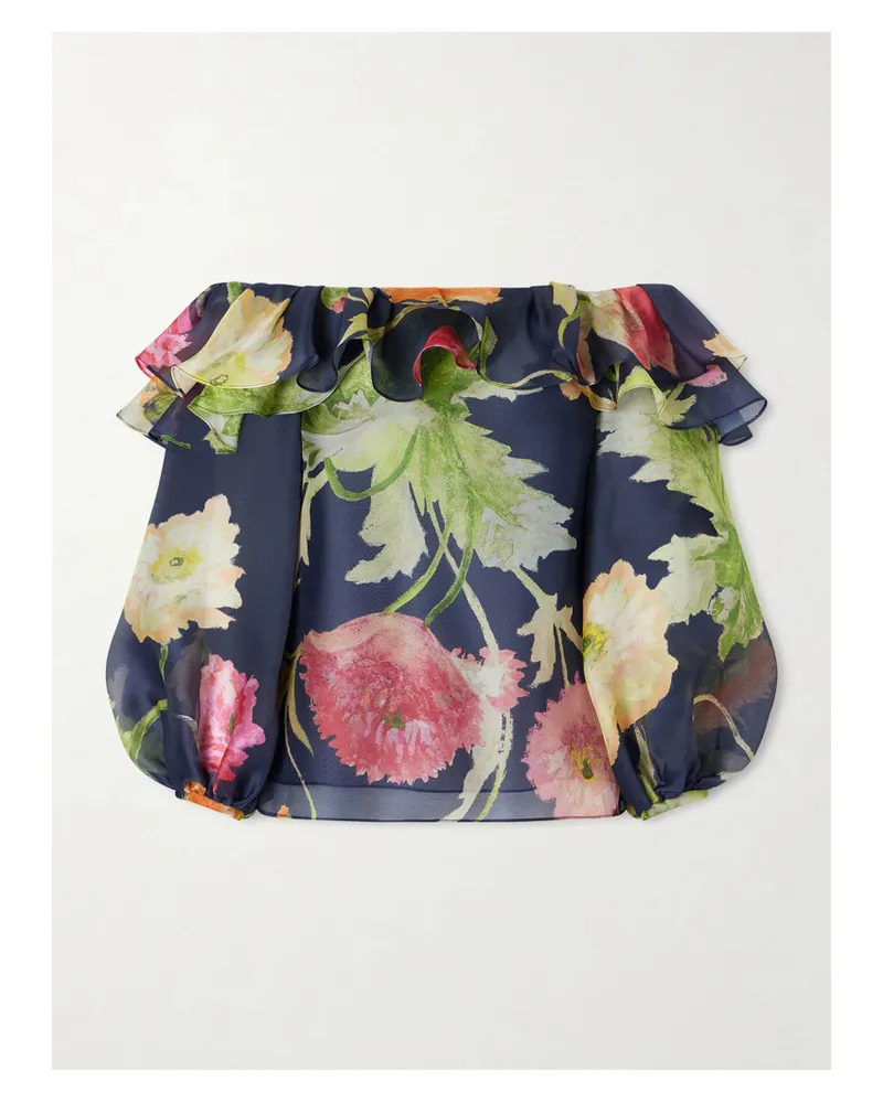 Carolina Herrera New York Off-the-shoulder Floral-print Silk-organza Top - Blue Blue