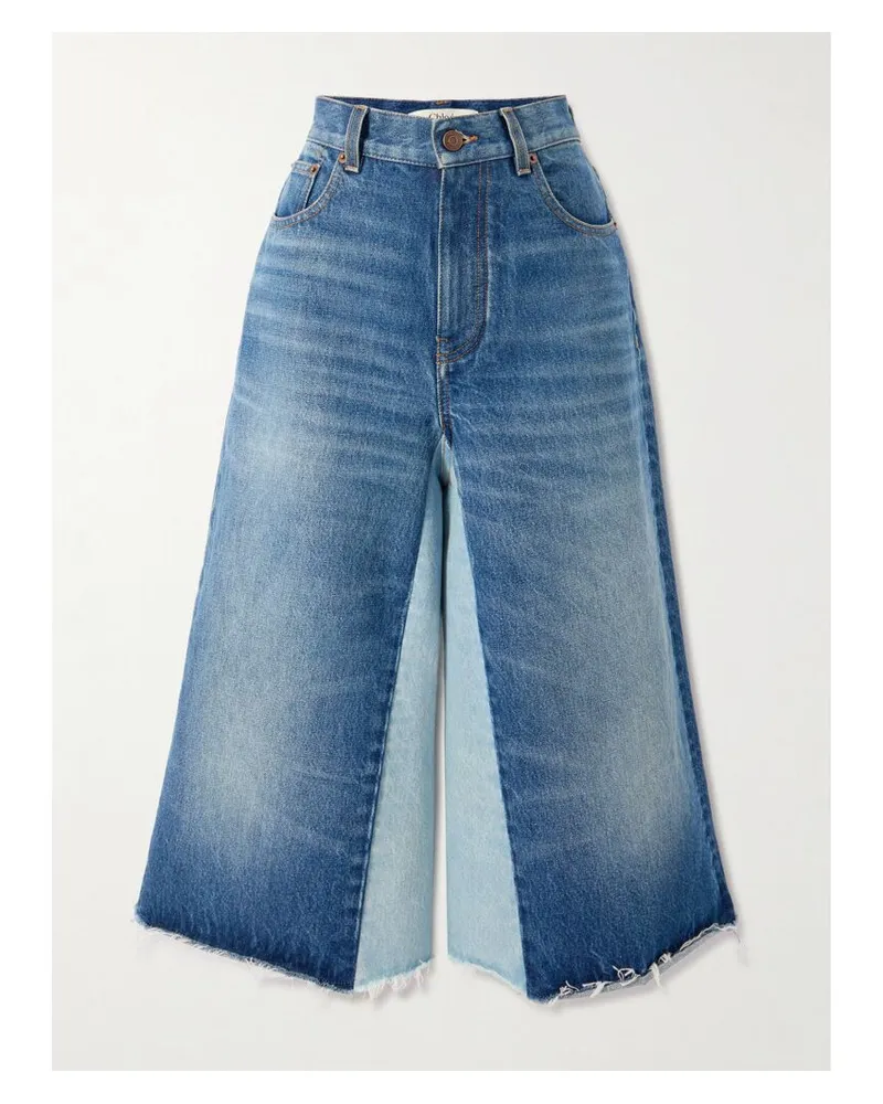 Chloé Culottes Mit Weitem Bein Aus Denim In Patchwork-optik Mit Fransen - Blau Blau