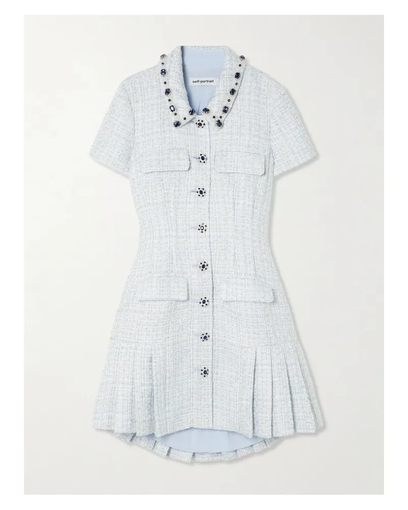 Self-Portrait Minikleid Aus Bouclé-tweed In Metallic-optik Mit Kristallen - Blau Blau