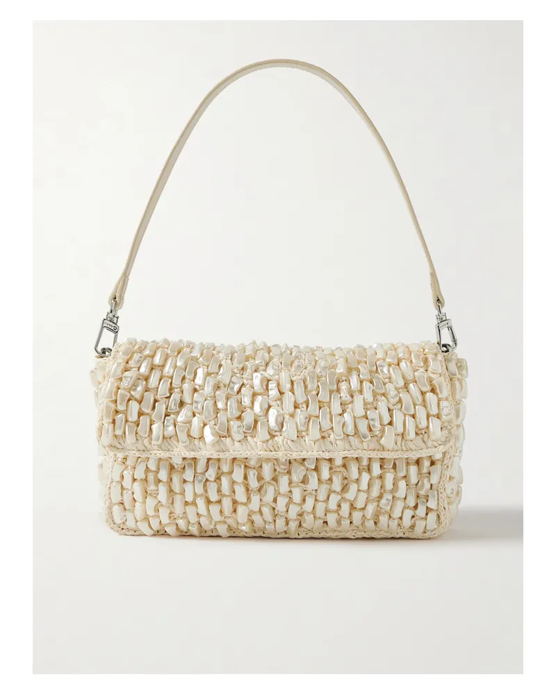 STAUD Timmy Leather-trimmed Faux Pearl-embellished Raffia Shoulder Bag - Neutrals Neutrals