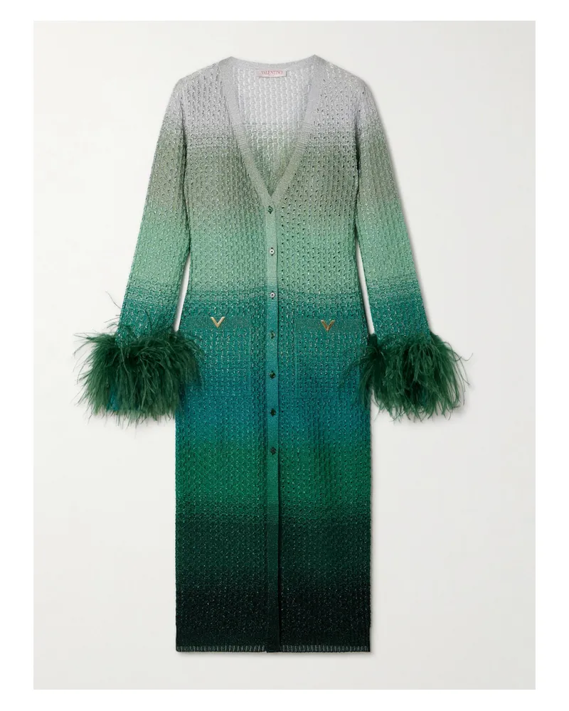 Valentino Garavani Midikleid Aus Metallic-strick Mit Farbverlauf Und Federn - Grün Grün
