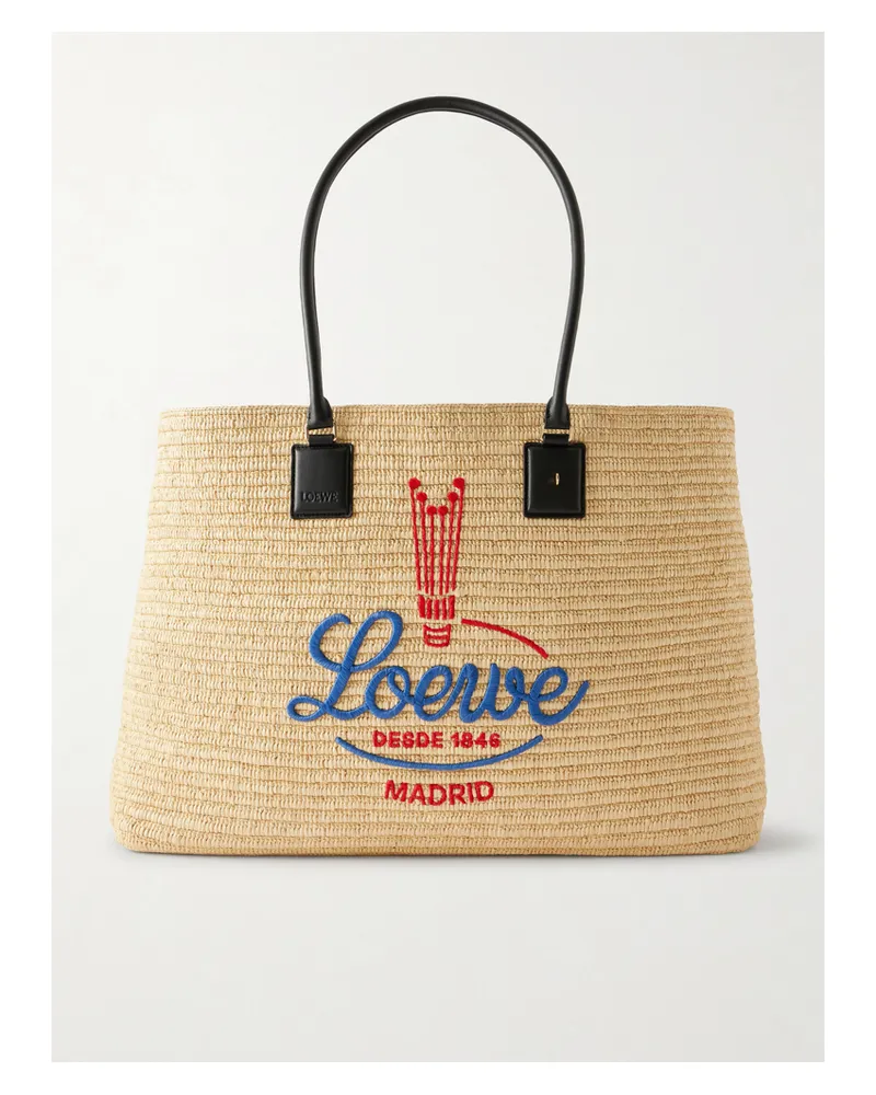 Loewe Verano Embroidered Leather-trimmed Raffia Tote - Neutrals Neutrals
