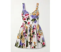 Minikleid Aus Stretch-baumwollpopeline Mit Blumenprint Und Falten - Weiß