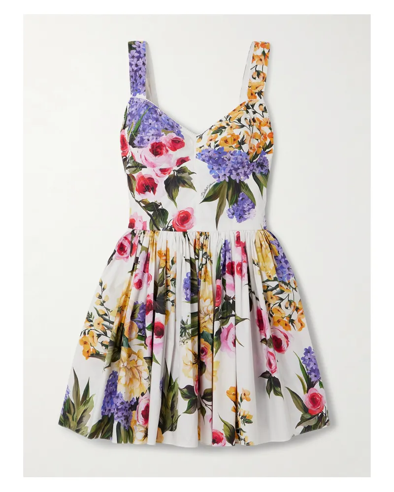 Dolce & Gabbana Minikleid Aus Stretch-baumwollpopeline Mit Blumenprint Und Falten - Weiß Weiß