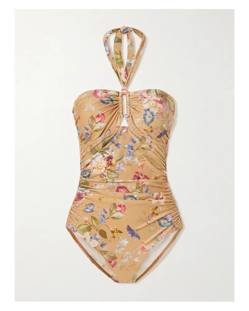 Zimmermann Patience Neckholder-badeanzug Mit Blumenprint Und Raffungen - Braun Braun
