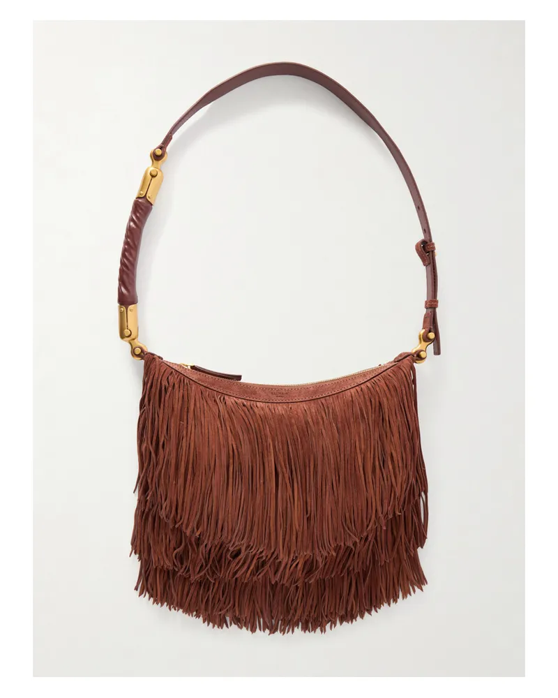 Balmain Ebene Fringed Suede Shoulder Bag - Brown Brown