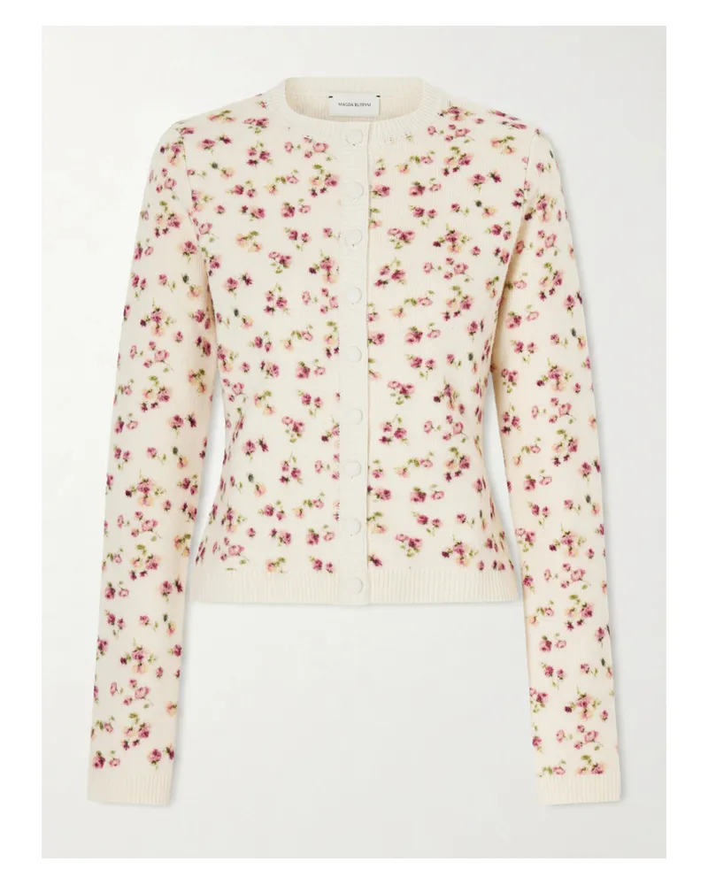 Magda Butrym Cardigan Aus Einer Gerippten Mischung Aus Wolle, Seide Und Kaschmir Mit Blumenmuster - Creme Creme