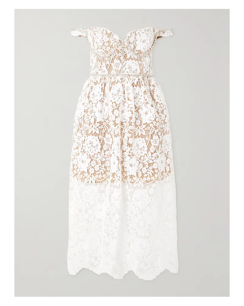 Self-Portrait Schulterfreies Midikleid Aus Schnurgebundener Spitze Mit Kristallen - Weiß Weiß
