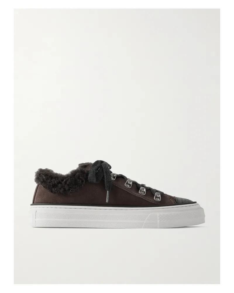 Brunello Cucinelli Bead-embellished Shearling-lined Suede Sneakers - Brown Brown