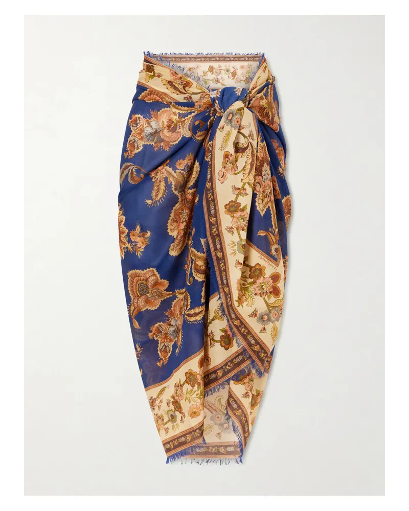 Zimmermann Frayed Printed Cotton Pareo - Blue Blue