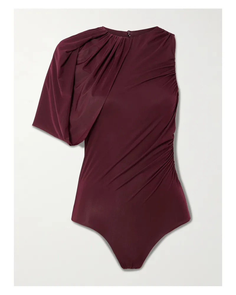 Maygel Coronel Carlos Gathered Stretch-mesh Bodysuit - Burgundy Burgundy