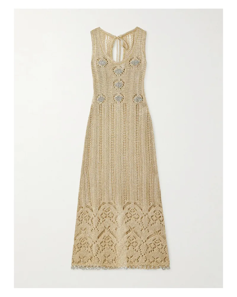 Paco Rabanne Midikleid Aus Metallic-lochstrick Mit Zierperlen - Gold Gold