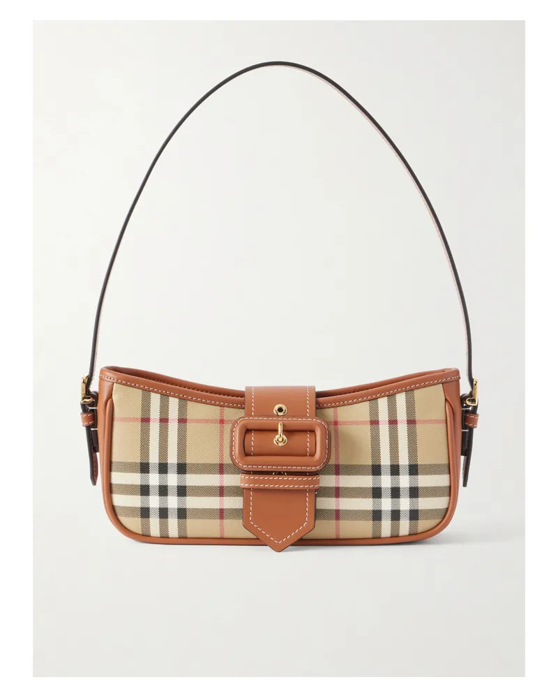 Burberry Leather-trimmed Checked Canvas Shoulder Bag - Brown Brown