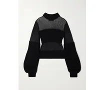 Pullover Aus Wolle In Rippstrick Und Mesh - Schwarz