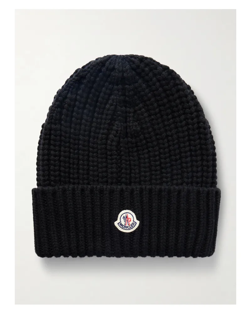 Moncler Beanie Aus Einer Gerippten Woll-kaschmirmischung Mit Applikation - Schwarz Schwarz