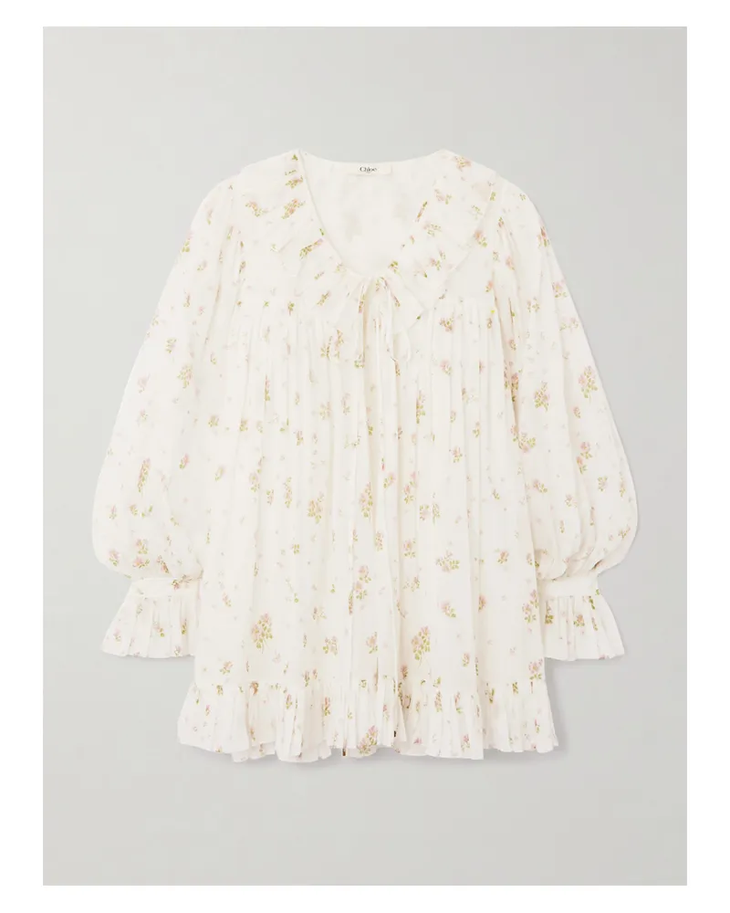 Chloé Minikleid Aus Baumwoll-voile Mit Blumenprint Und Rüschen - Weiß Weiß