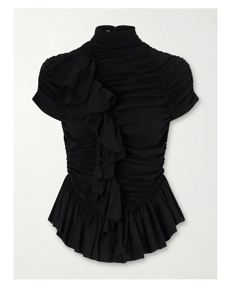 Dries van Noten Ruffled Draped Cotton-jersey Turtleneck Top - Black Black