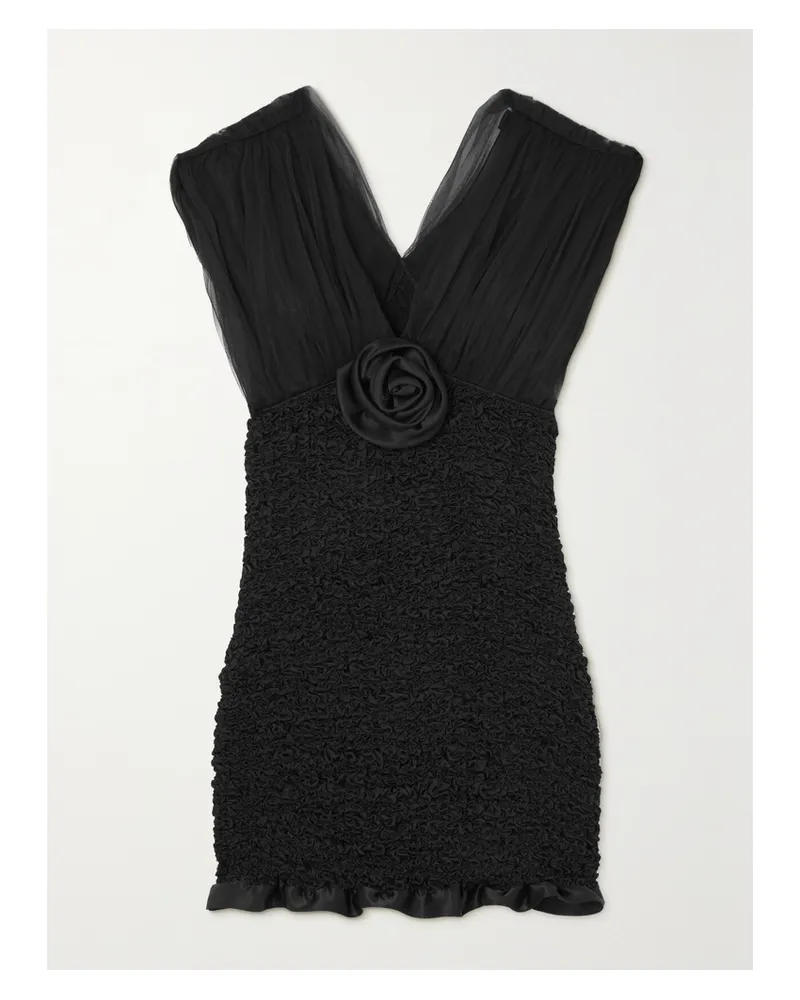 Alessandra Rich Minikleid Aus Glänzendem Seiden-cloqué Und Tüll Mit Applikation - Schwarz Schwarz