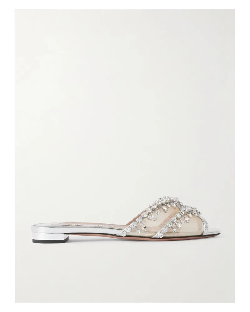 Aquazzura Temptation Pantoletten Aus Metallic-leder Mit Kristallen Und Mesh-einsätzen - Silber Silber
