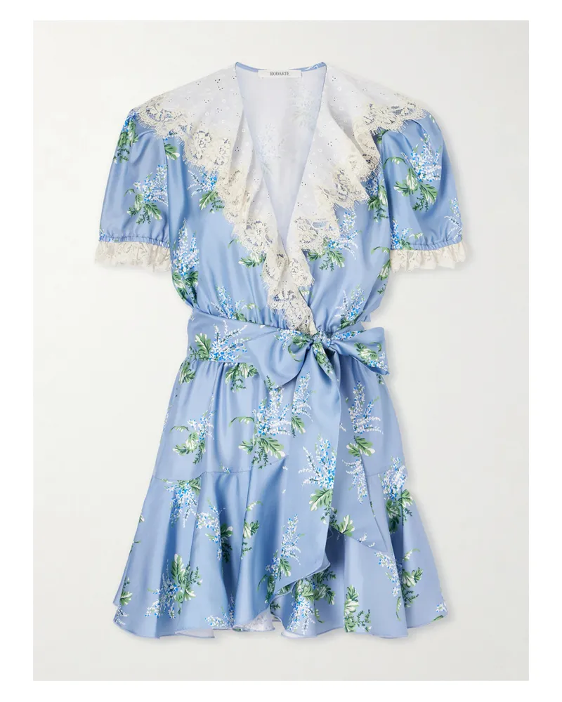 Rodarte Ruffled Lace-trimmed Floral-print Silk-twill Mini Dress - Blue Blue
