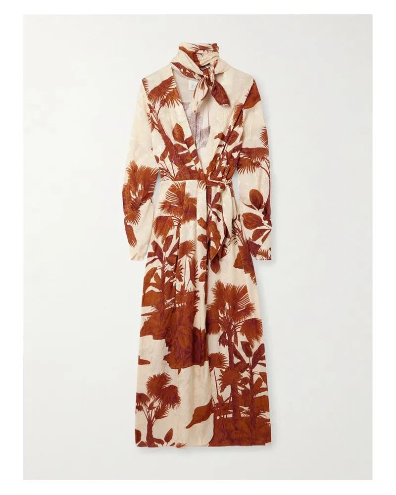 Johanna Ortiz Unmooring Midi-wickelkleid Aus Bedrucktem, Glänzendem Jacquard Mit Tuch - Braun Braun