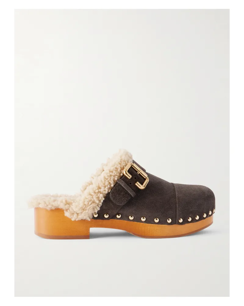 Chloé Jeannette Clogs Aus Veloursleder Mit Shearling-futter Und Verzierungen - Braun Braun