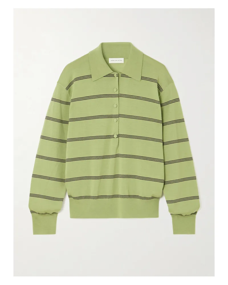 Dries van Noten Striped Merino Wool Polo Shirt - Green Green
