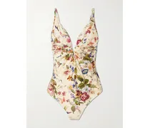 Patience Pleated Floral-print Swimsuit - Neutrals