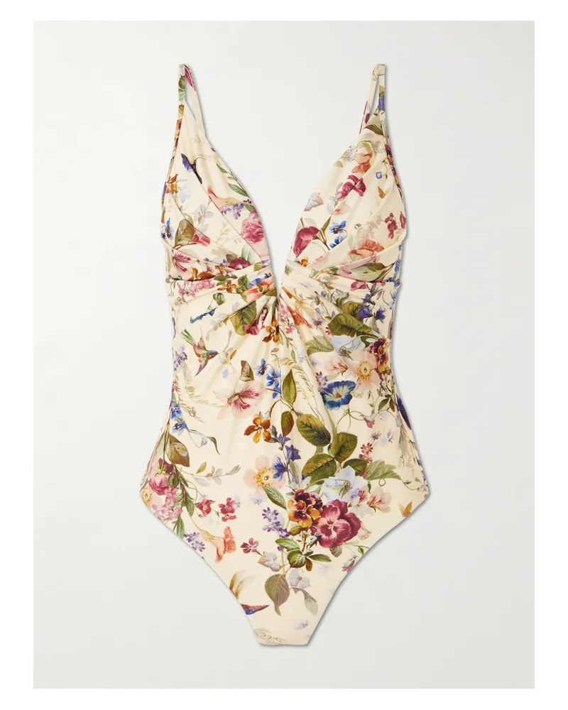 Zimmermann Patience Pleated Floral-print Swimsuit - Neutrals Neutrals