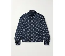 Hemd Aus Seiden-twill Mit Polka-dots, Rüschen Und Samtbesätzen - Blau