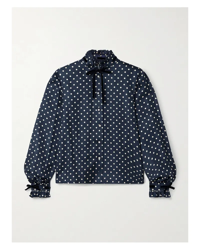 Valentino Garavani Hemd Aus Seiden-twill Mit Polka-dots, Rüschen Und Samtbesätzen - Blau Blau