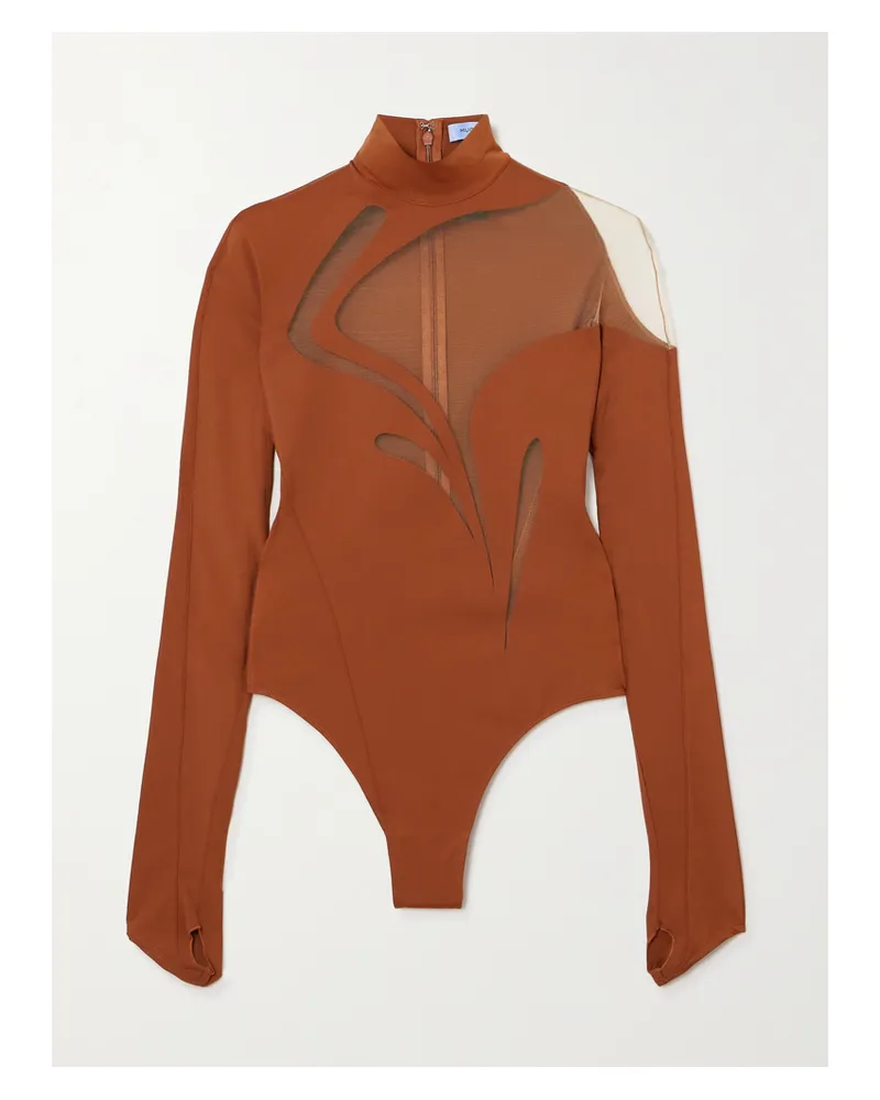 Thierry Mugler Body Aus Stretch-jersey Und Tüll - Braun Braun