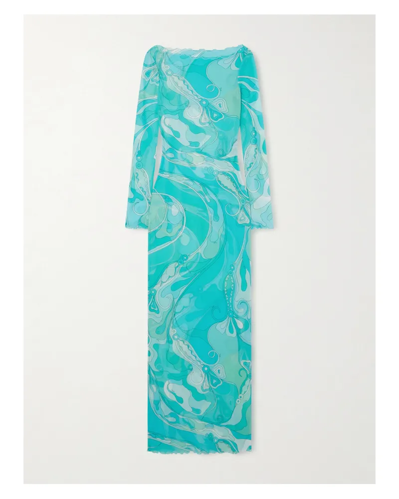 Emilio Pucci Ruffled Printed Tulle Maxi Dress - Blue Blue