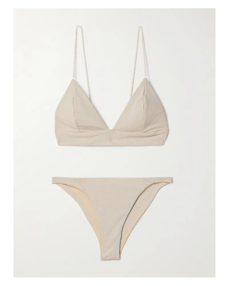 Sara Cristina Triangel-bikini In Metallic-optik Mit Kunstperlen - Gold Gold