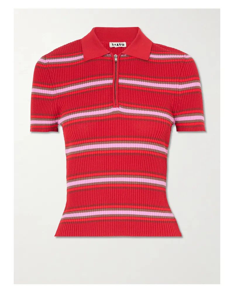 STAUD Ren Striped Ribbed-knit Polo Shirt - Red Red