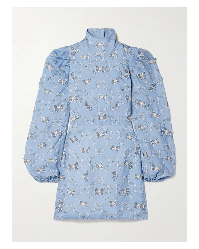 AGUA BENDITA Guaba Lymanopoda Minikleid Aus Bedrucktem Leinen Applikationen Und Stehkragen - Blau Blau