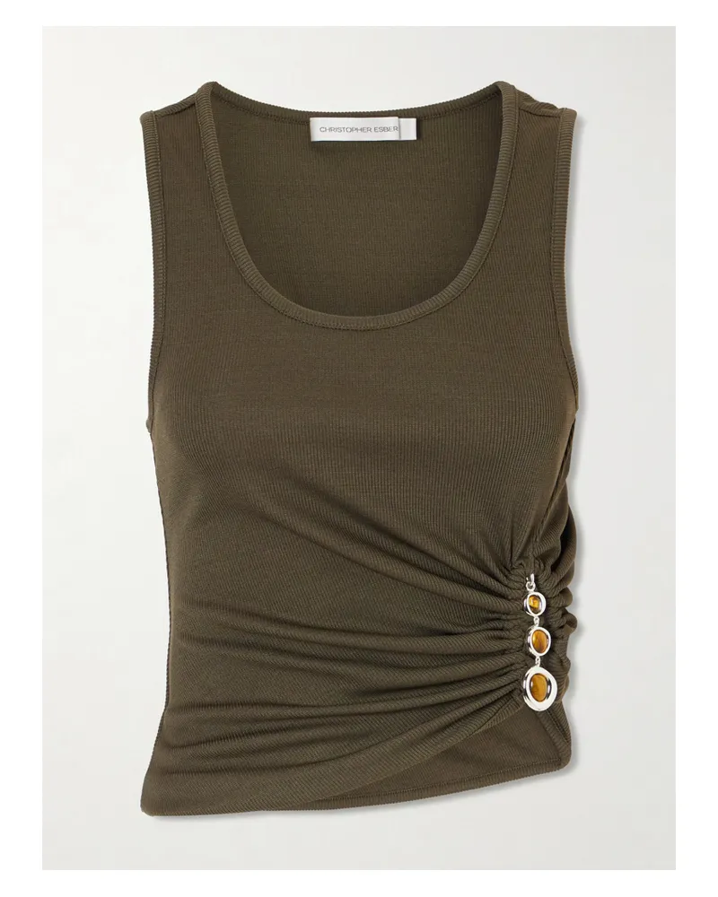 Christopher Esber Droplet Embellished Ruched Ribbed-jersey Tank - Green Green