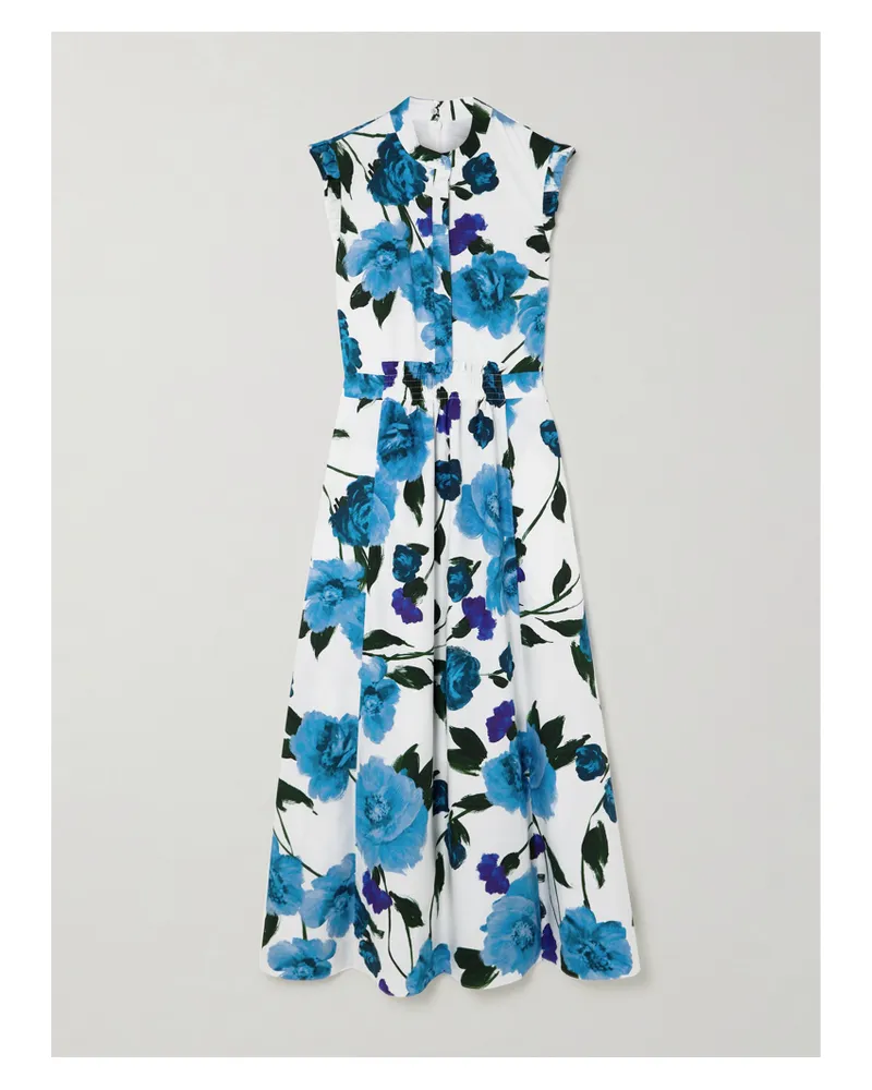 Erdem Midikleid Aus Baumwollpopeline Mit Blumenprint, Raffungen Und Rüschen - Blau Blau